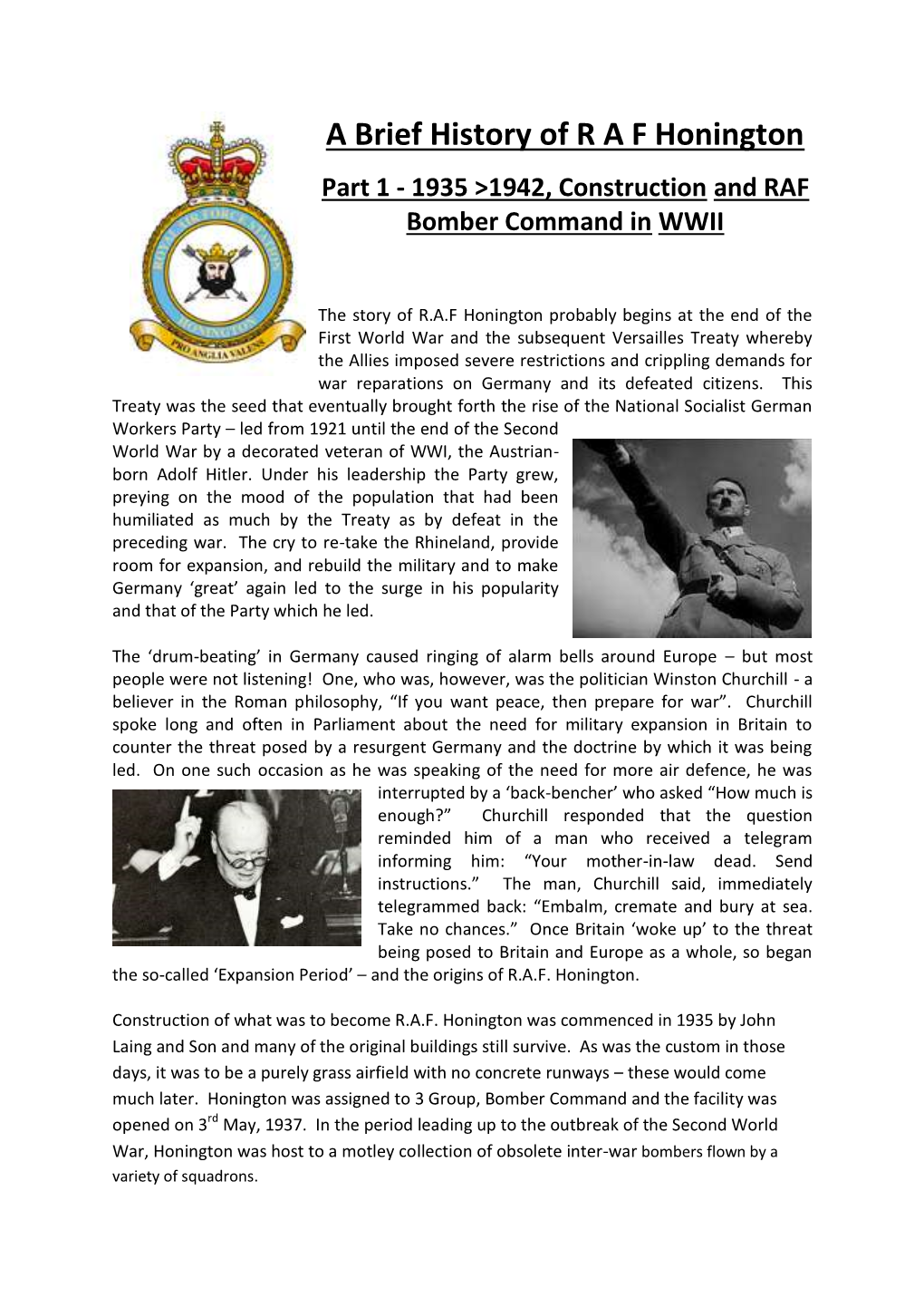 A Brief History of R a F Honington Part 1 - 1935 >1942, Construction and RAF Bomber Command in WWII