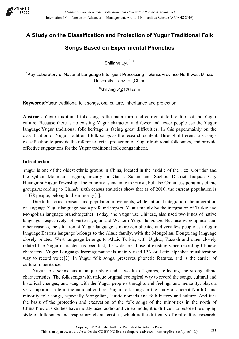 A Study on the Classification and Protection of Yugur Traditional Folk