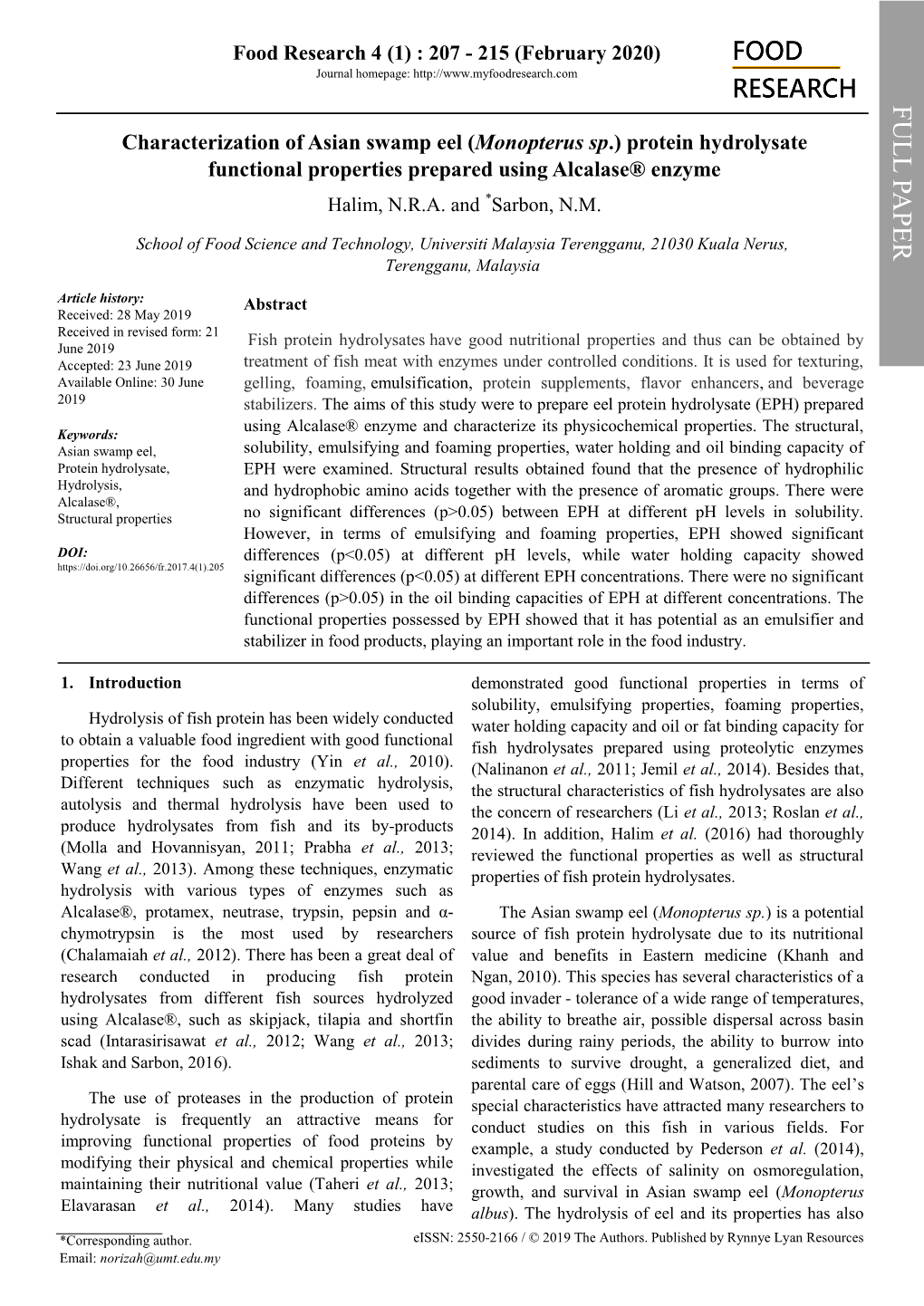 Characterization of Asian Swamp Eel (Monopterus Sp.) Protein Hydrolysate Functional Properties Prepared Using Alcalase® Enzyme Halim, N.R.A