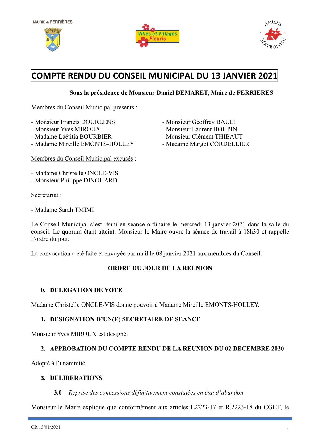 Procès Verbal Du Conseil Municipal Du 19 Janvier 2011