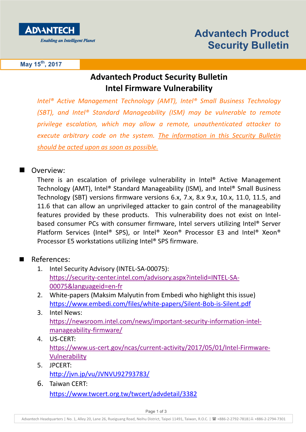 Advantech Product Security Bulletin