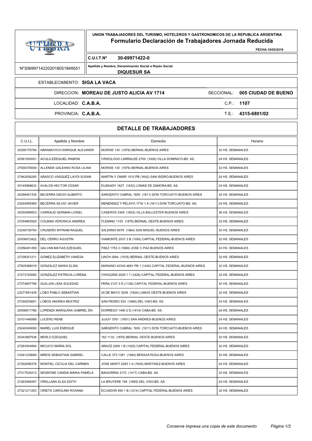 Formulario Declaración De Trabajadores Jornada Reducida