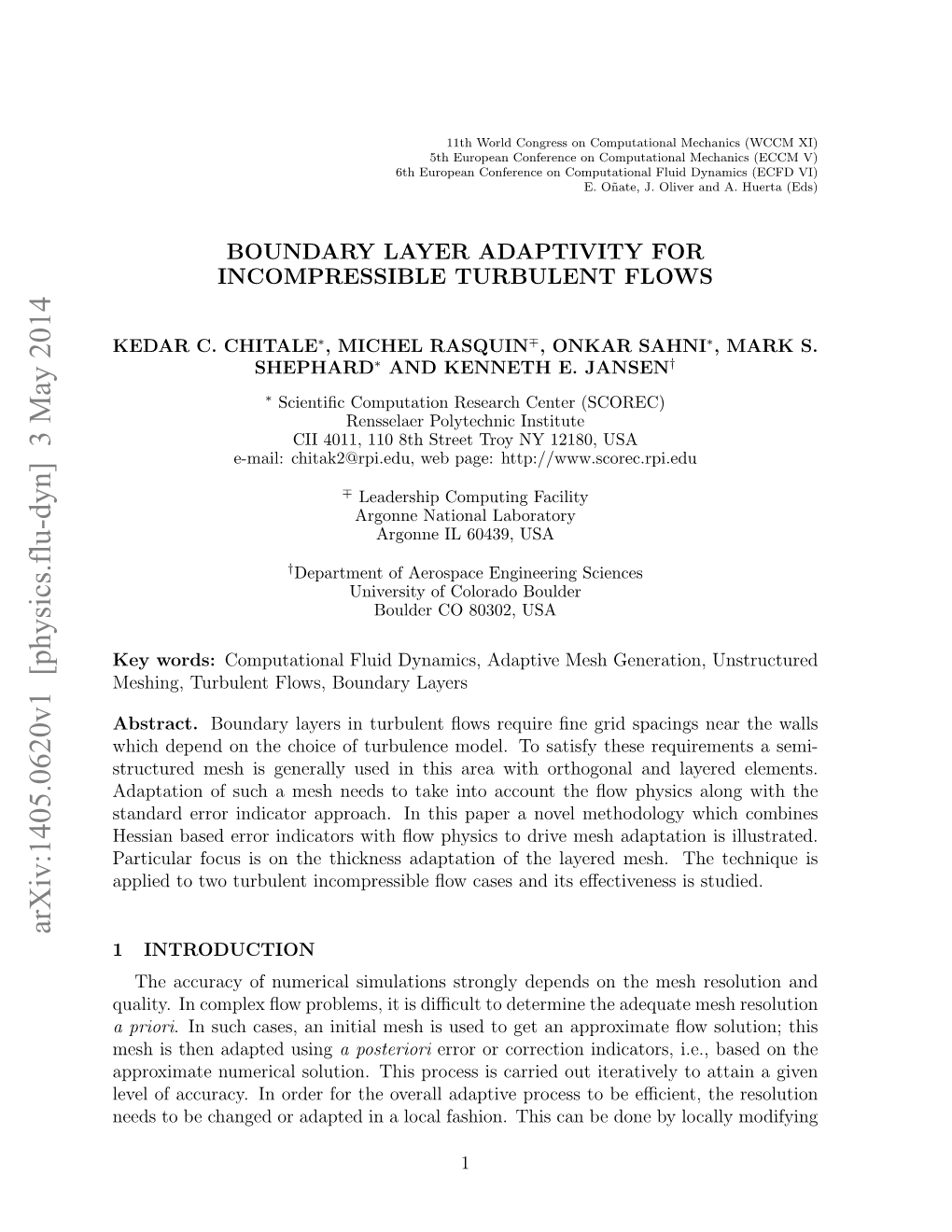 Arxiv:1405.0620V1 [Physics.Flu-Dyn] 3 May 2014 1 INTRODUCTION the Accuracy of Numerical Simulations Strongly Depends on the Mesh Resolution and Quality