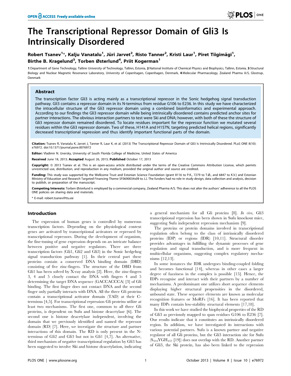 The Transcriptional Repressor Domain of Gli3 Is Intrinsically Disordered