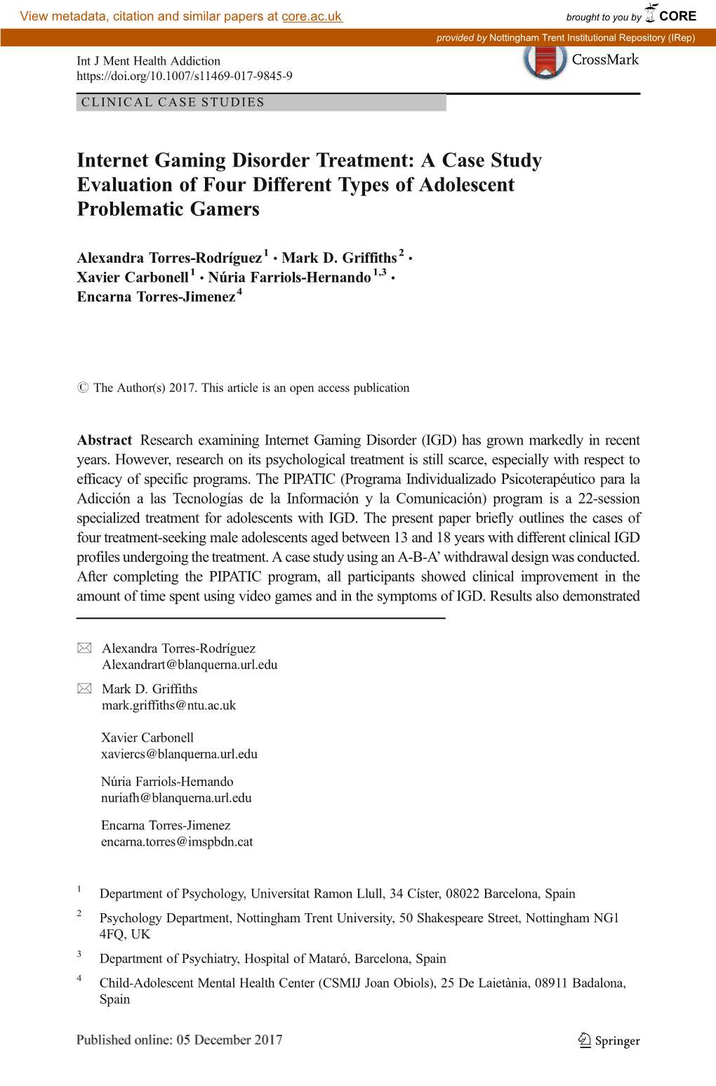 Internet Gaming Disorder Treatment: a Case Study Evaluation of Four Different Types of Adolescent Problematic Gamers