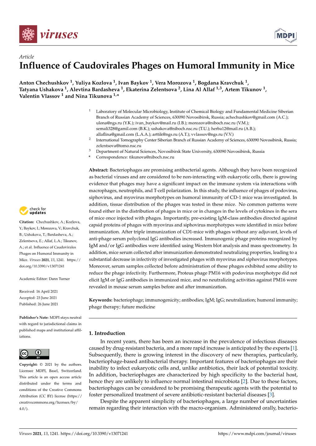 Influence of Caudovirales Phages on Humoral Immunity in Mice