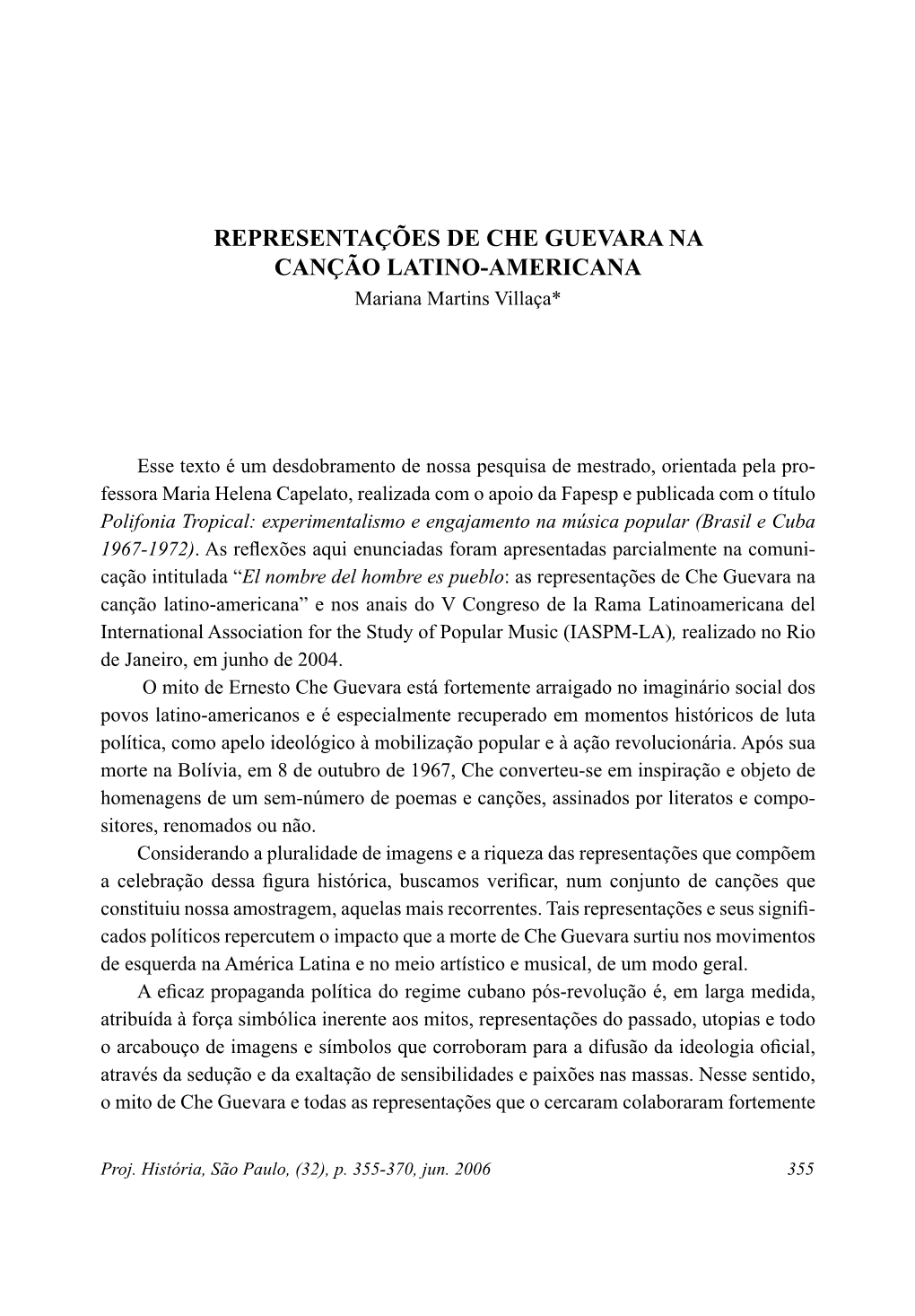 Representações De Che Guevara Na Canção Latino-Americana Mariana Martins Villaça*