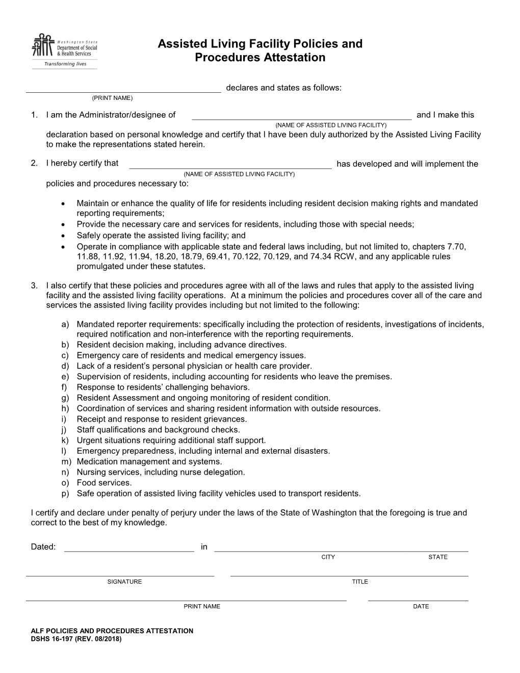 Alf Policies and Procedures Attestation Dshs 16-197 (Rev