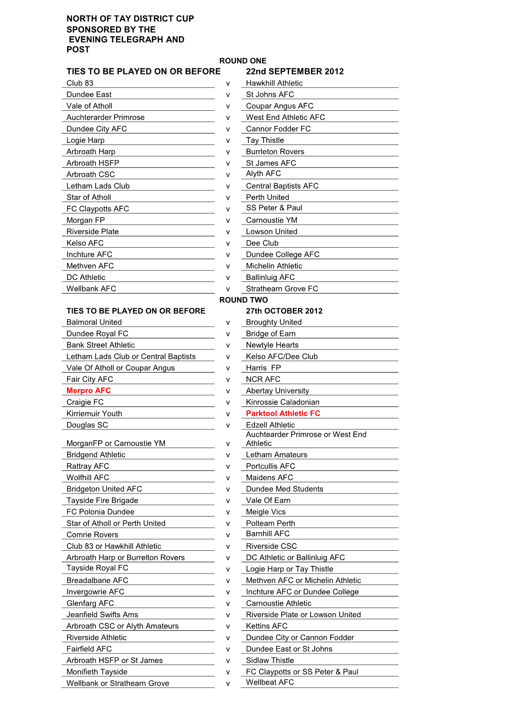 NORTH of TAY DISTRICT CUP SPONSORED by the EVENING TELEGRAPH and POST TIES to BE PLAYED on OR BEFORE 22Nd SEPTEMBER 2012