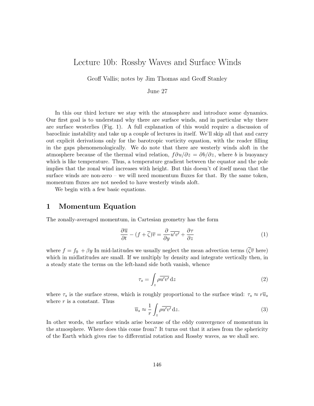 Lecture 10B: Rossby Waves and Surface Winds