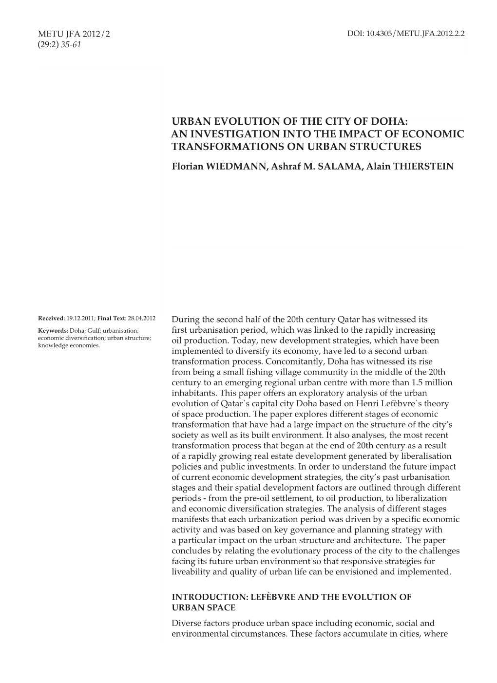 URBAN EVOLUTION of the CITY of DOHA: an INVESTIGATION INTO the IMPACT of ECONOMIC TRANSFORMATIONS on URBAN STRUCTURES Florian WIEDMANN, Ashraf M