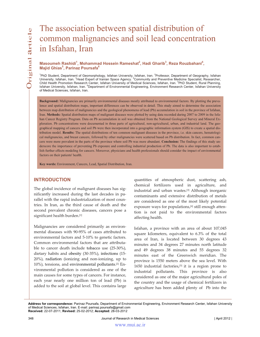 The Association Between Spatial Distribution of Common Malignancies and Soil Lead Concentration in Isfahan, Iran