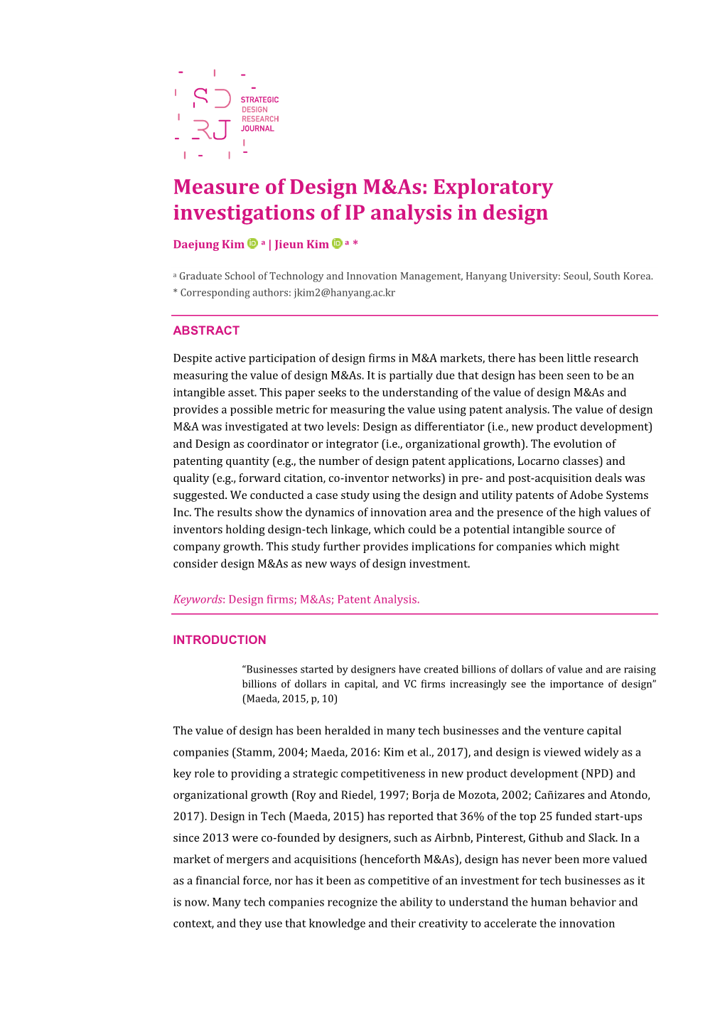 Measure of Design M&As: Exploratory Investigations of IP Analysis in Design