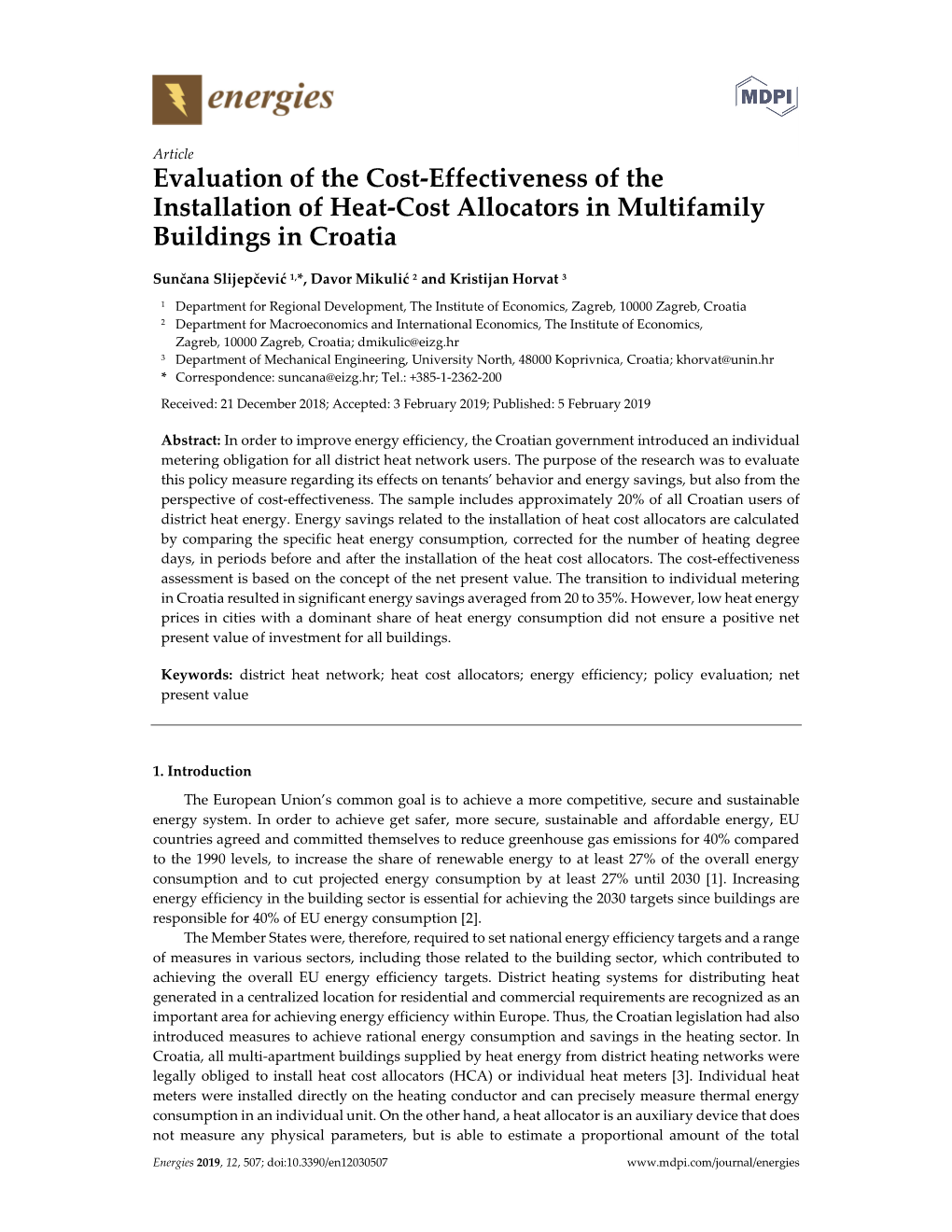 Evaluation of the Cost-Effectiveness of the Installation of Heat-Cost Allocators in Multifamily Buildings in Croatia