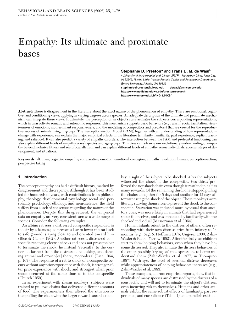 Empathy: Its Ultimate and Proximate Bases