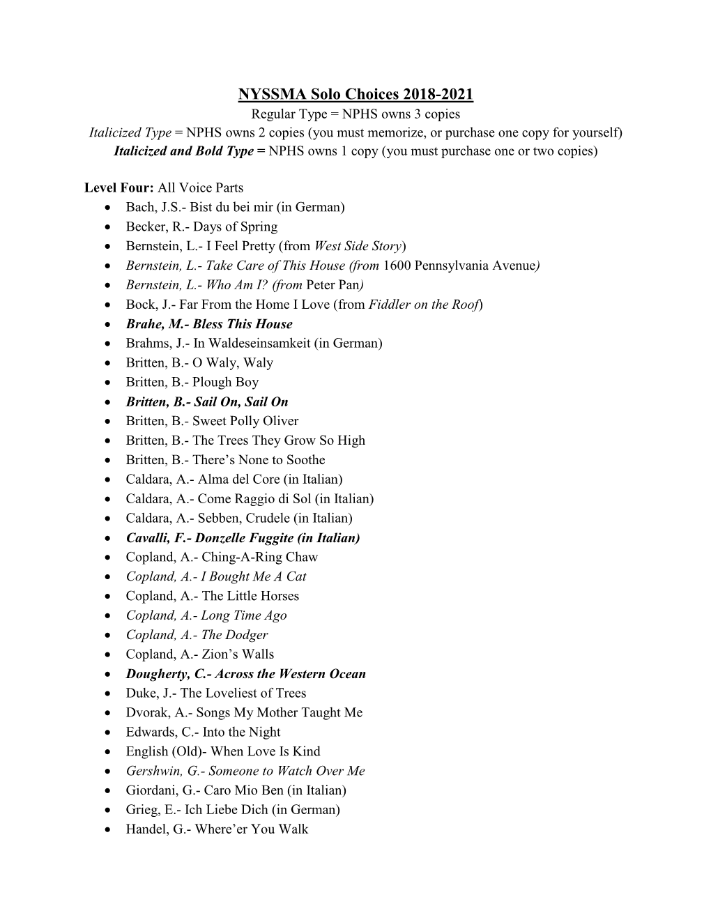 NYSSMA Solo Choices 2018-2021