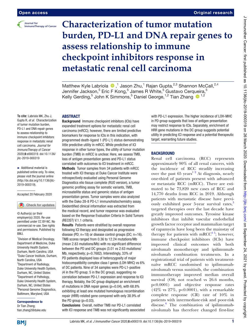 Characterization of Tumor Mutation Burden, PD-L1 and DNA Repair