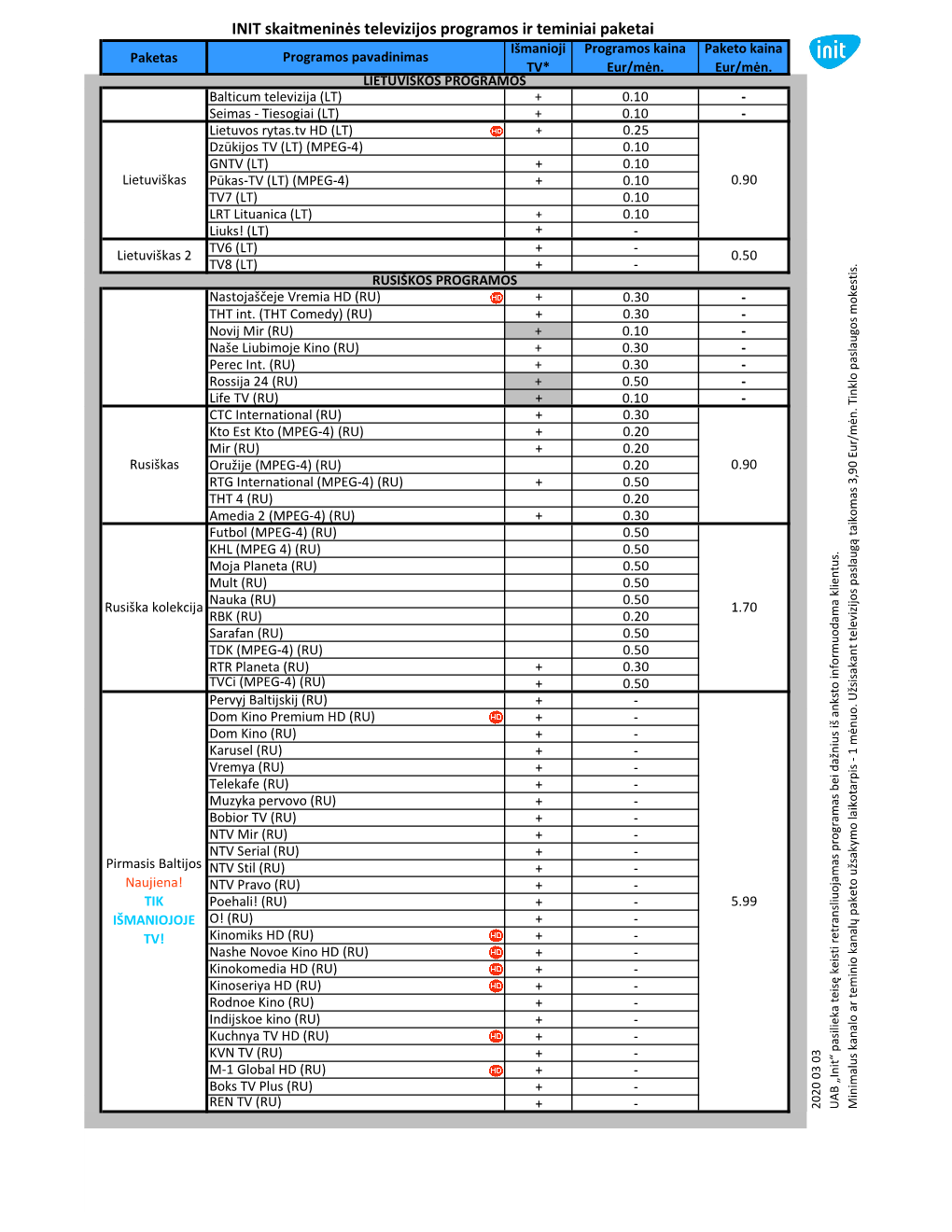 INIT Skaitmeninės Televizijos Programos Ir Teminiai Paketai Išmanioji Programos Kaina Paketo Kaina Paketas Programos Pavadinimas TV* Eur/Mėn
