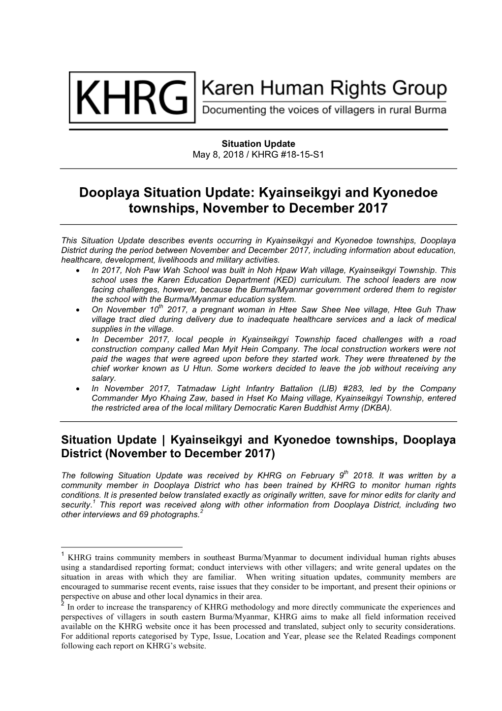 Dooplaya Situation Update: Kyainseikgyi and Kyonedoe Townships, November to December 2017
