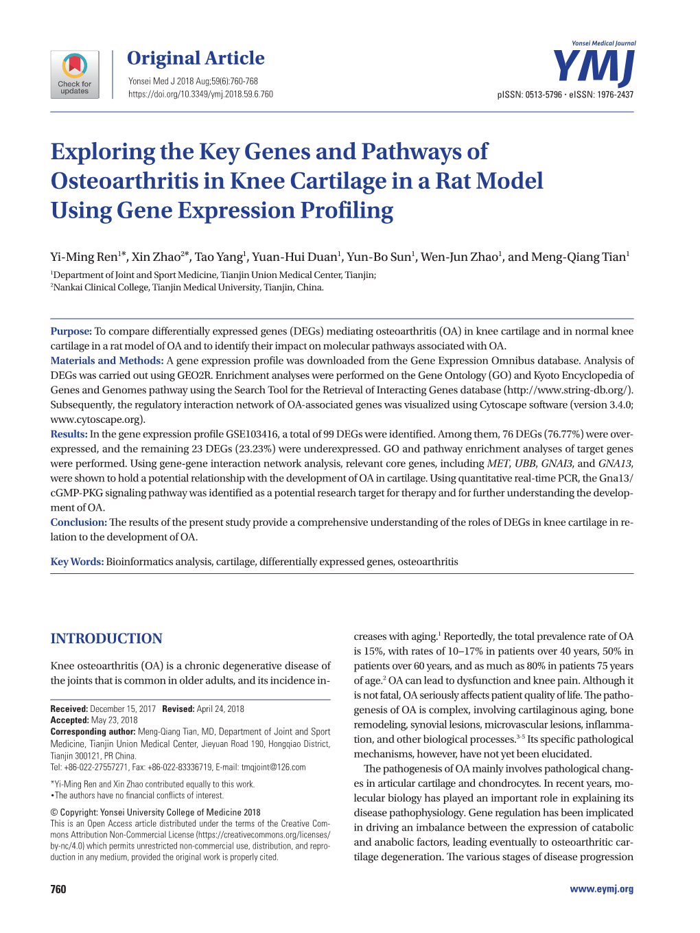 Exploring the Key Genes and Pathways of Osteoarthritis in Knee Cartilage in a Rat Model Using Gene Expression Profiling