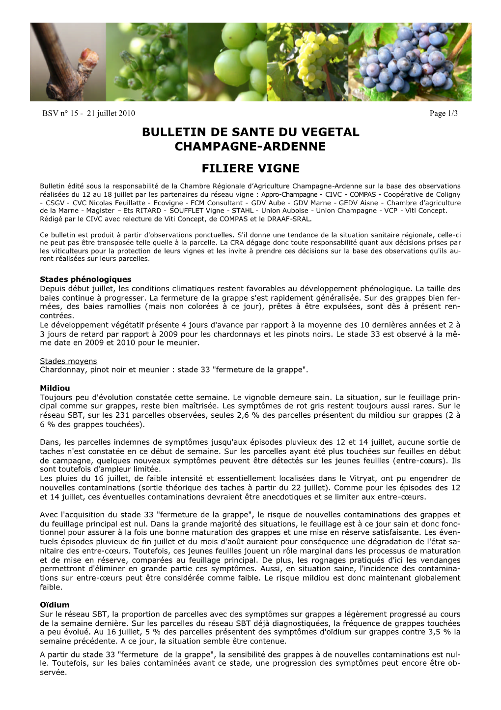 Bulletin De Sante Du Vegetal Champagne-Ardenne Filiere Vigne
