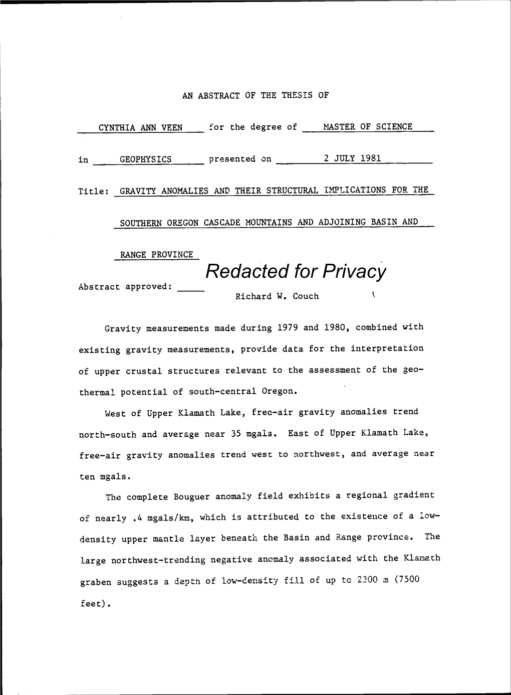 Redacted for Privacy Abstract Approved: Richard W