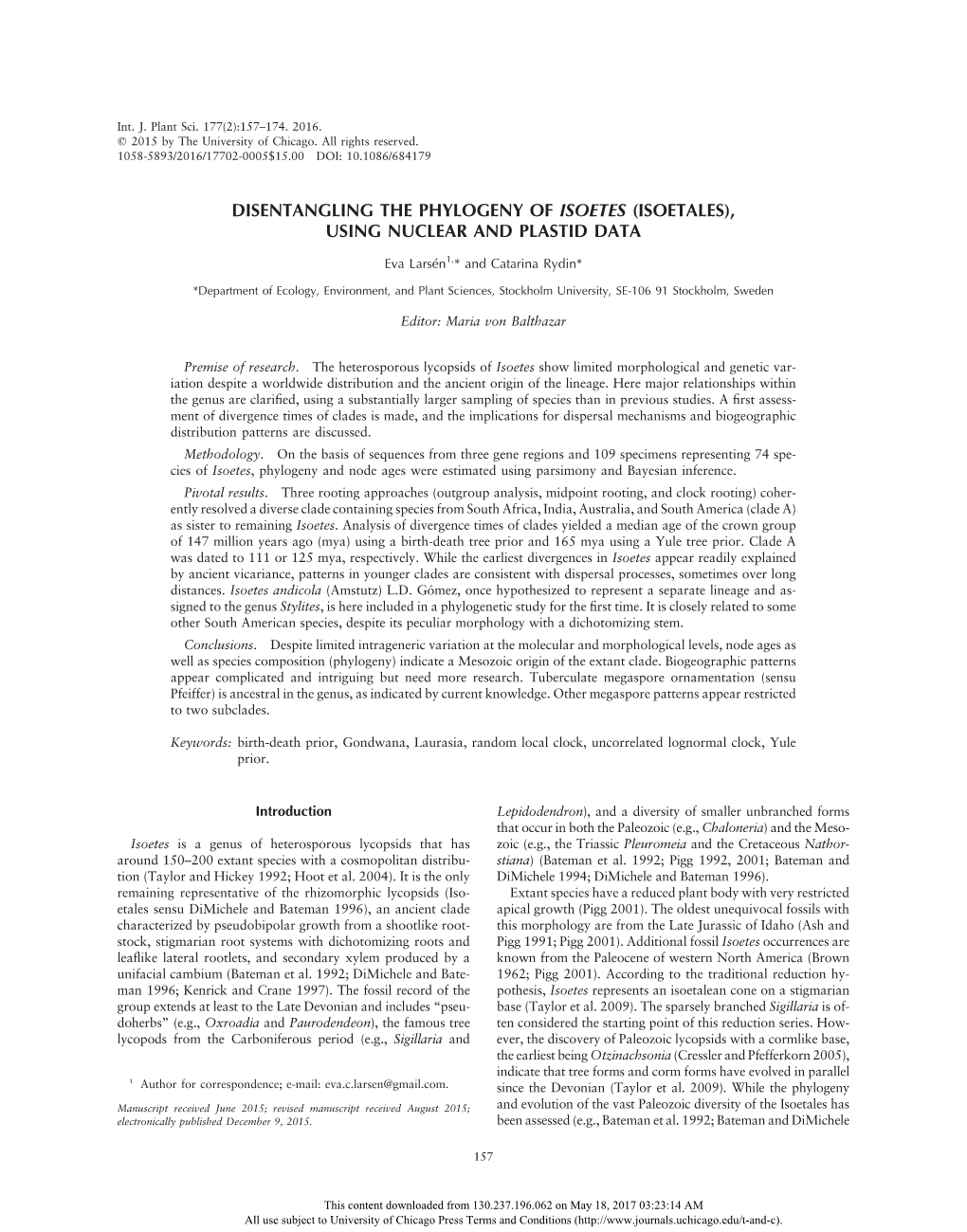 Disentangling the Phylogeny of Isoetes (Isoetales), Using Nuclear and Plastid Data