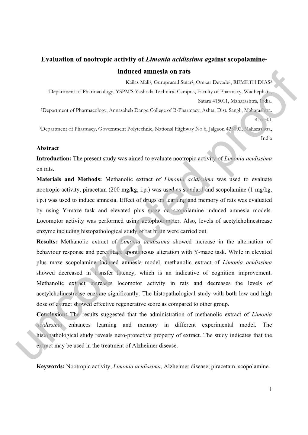 Evaluation of Nootropic Activity of Limonia Acidissima Against