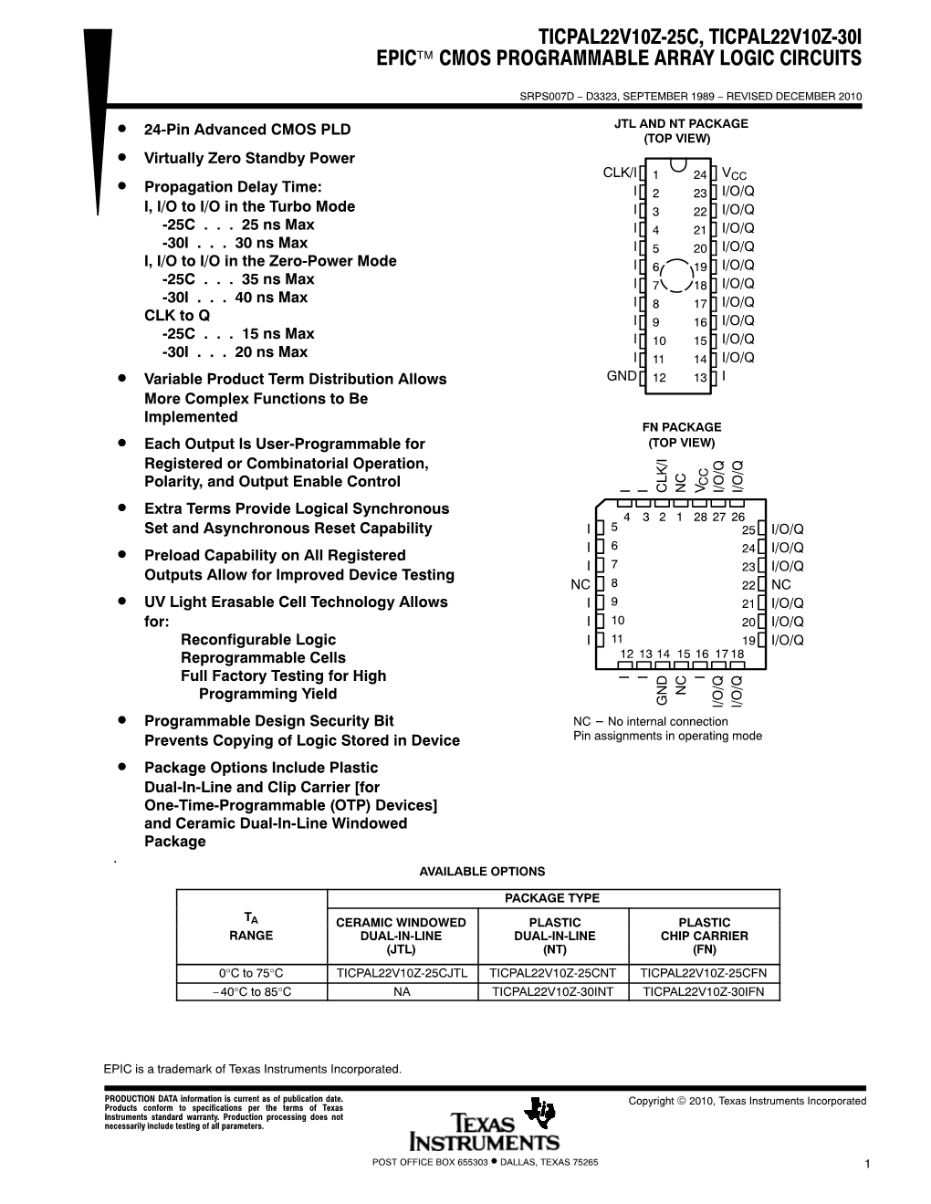 EPIC CMOS Programmable Array Logic Circuits Datasheet