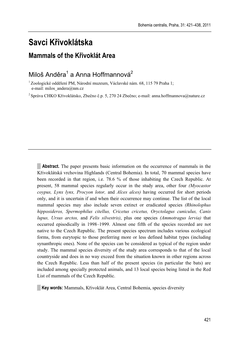 Savci Křivoklátska Mammals of the Křivoklát Area