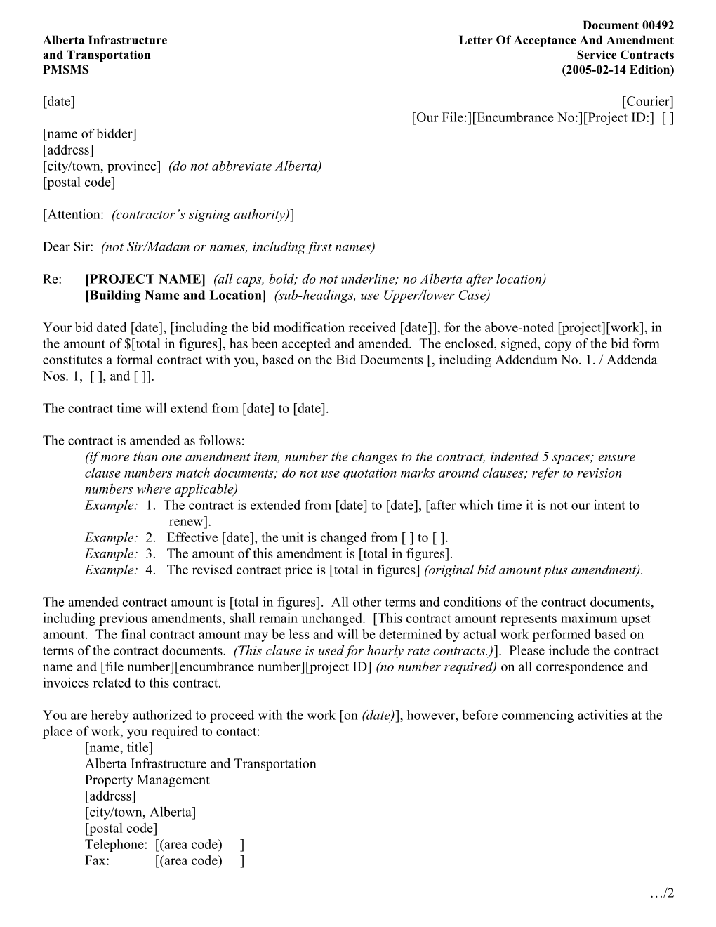 00492 - Letter of Acceptance and Amendment (Service Contracts)