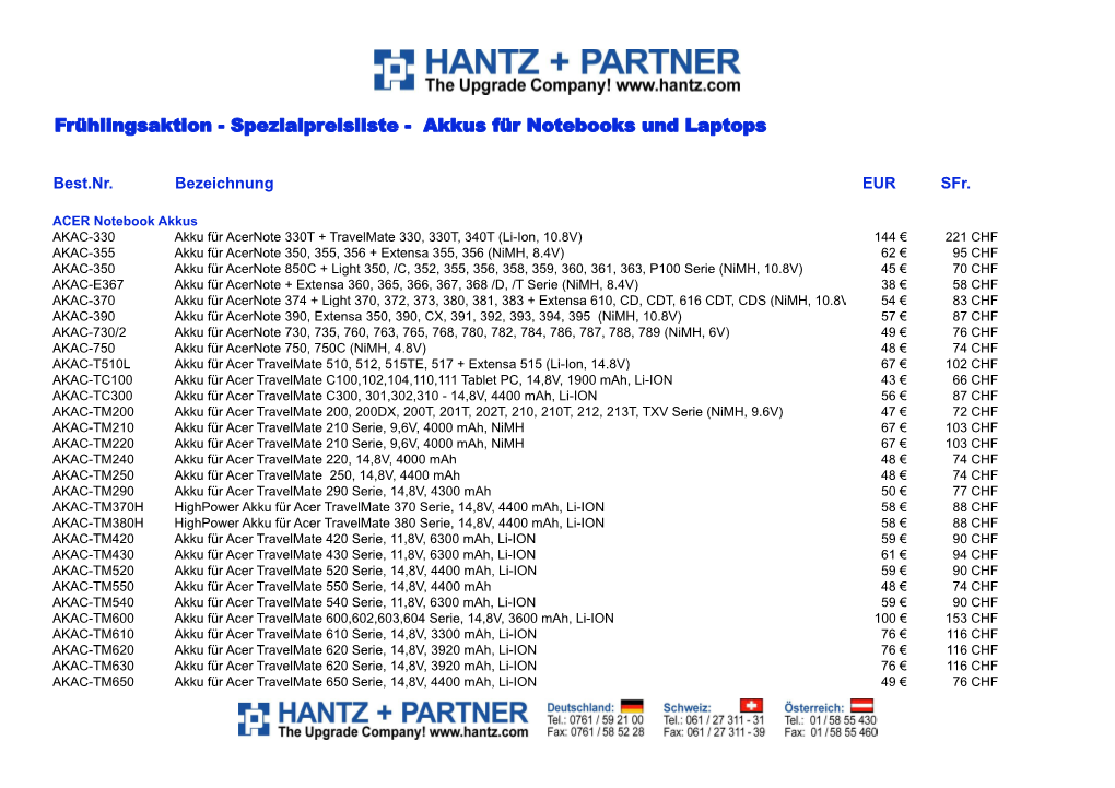 Frühlingsaktion - Spezialpreisliste - Akkus Für Notebooks Und Laptops