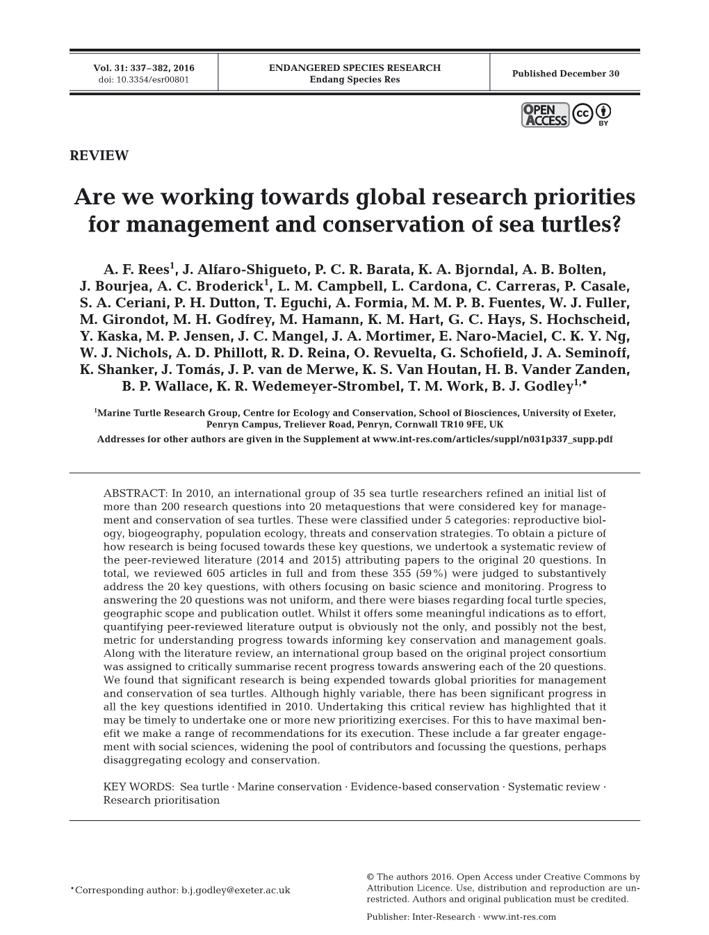 Are We Working Towards Global Research Priorities for Management and Conservation of Sea Turtles?