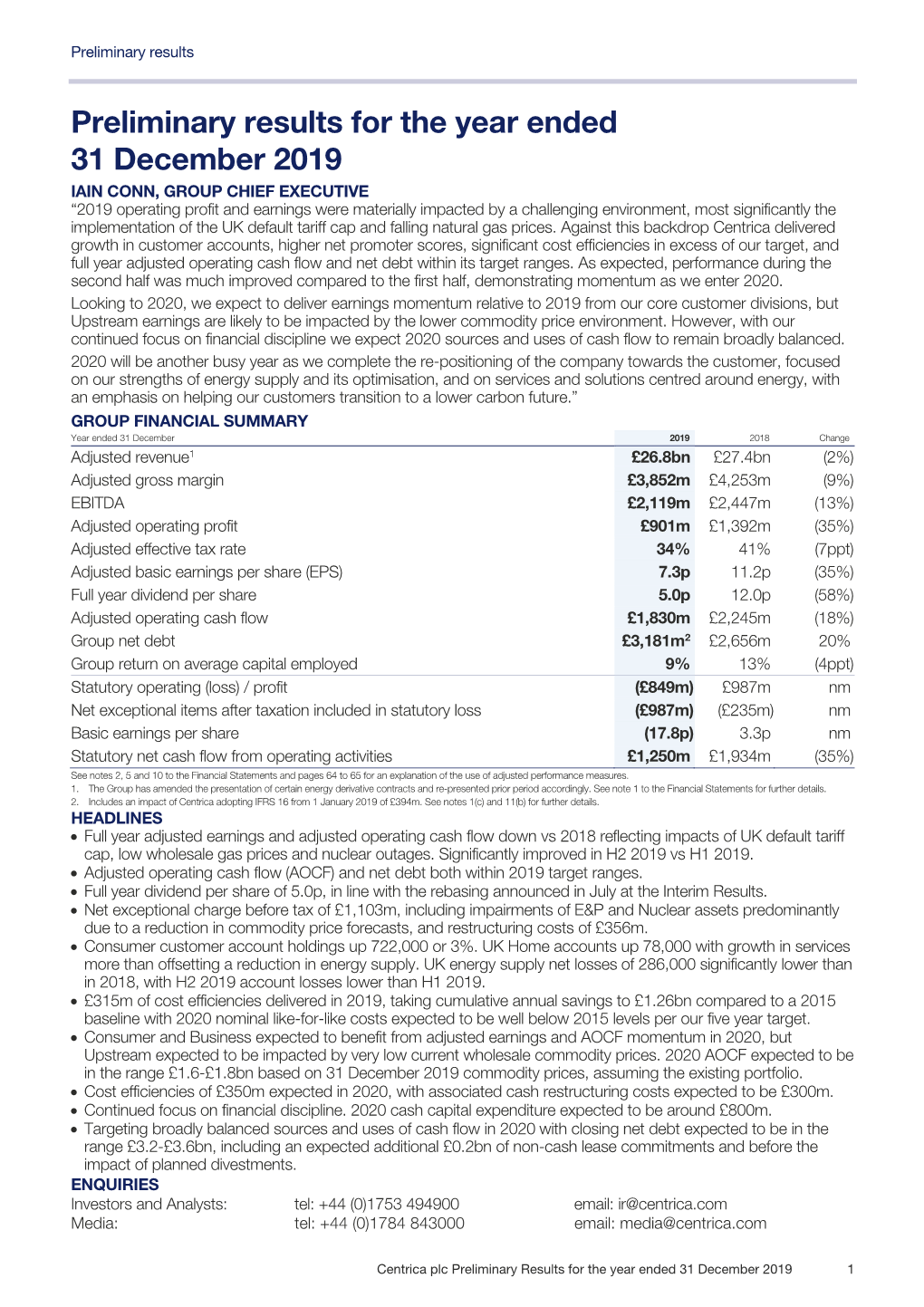 Preliminary Results for the Year Ended 31 December 2019