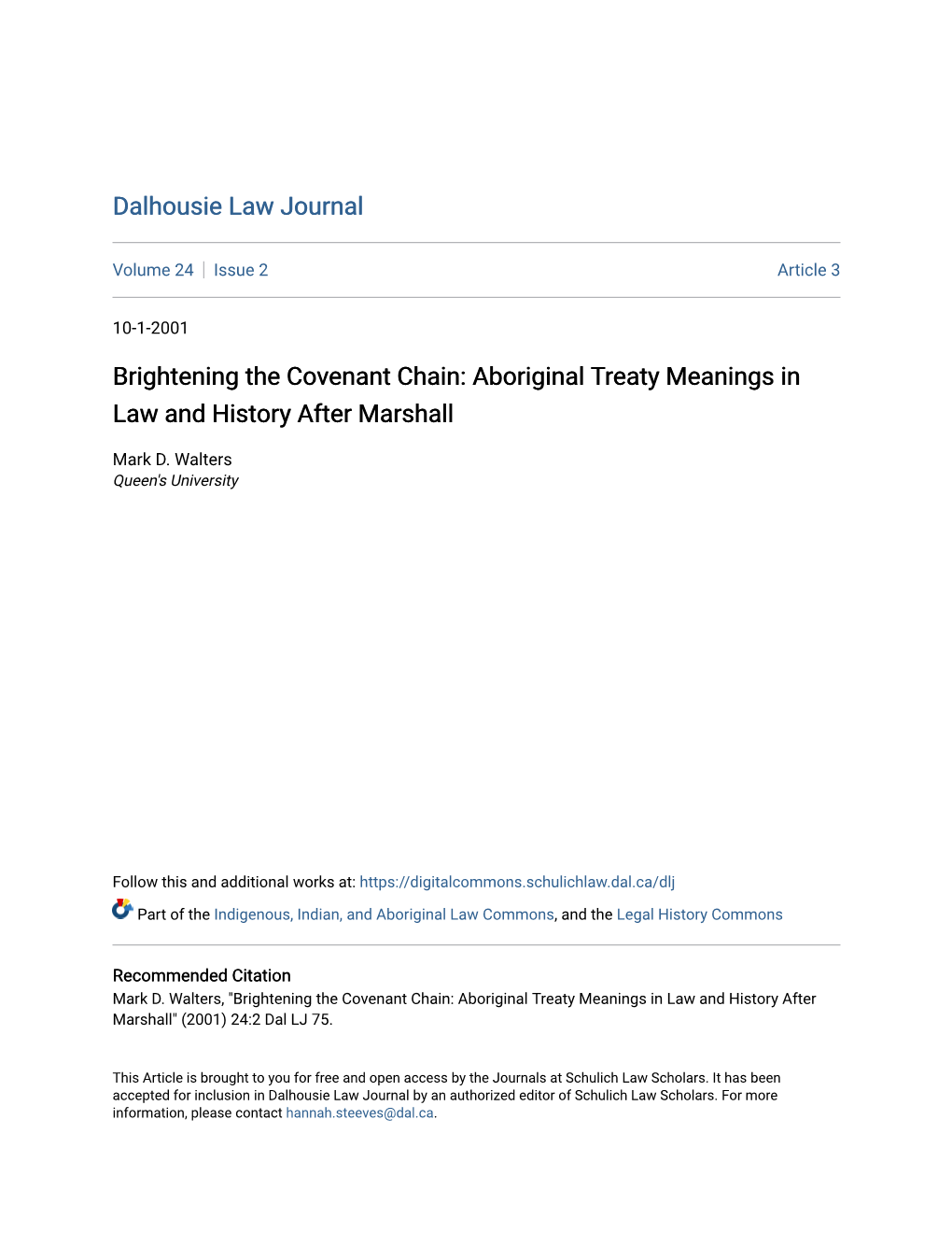 Brightening the Covenant Chain: Aboriginal Treaty Meanings in Law and History After Marshall