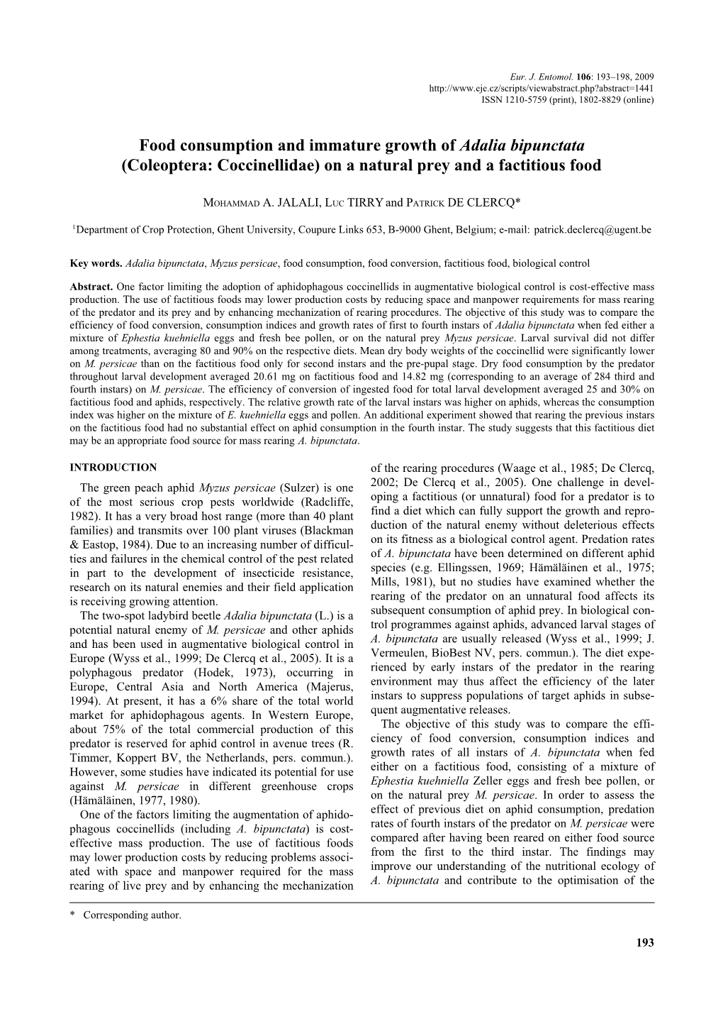 Food Consumption and Immature Growth of Adalia Bipunctata (Coleoptera: Coccinellidae) on a Natural Prey and a Factitious Food