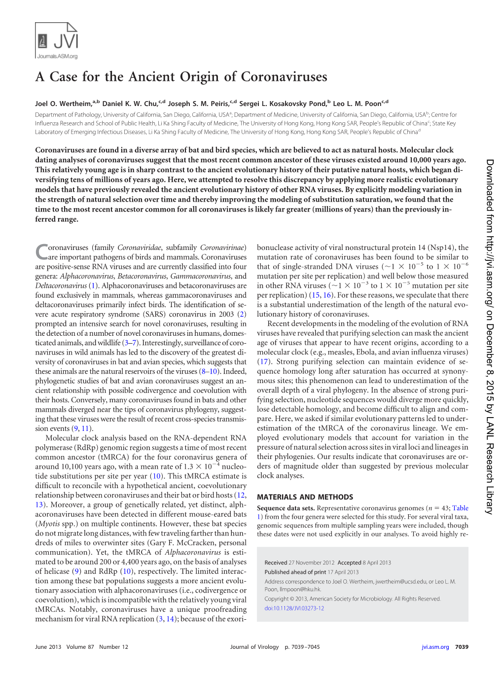 A Case for the Ancient Origin of Coronaviruses