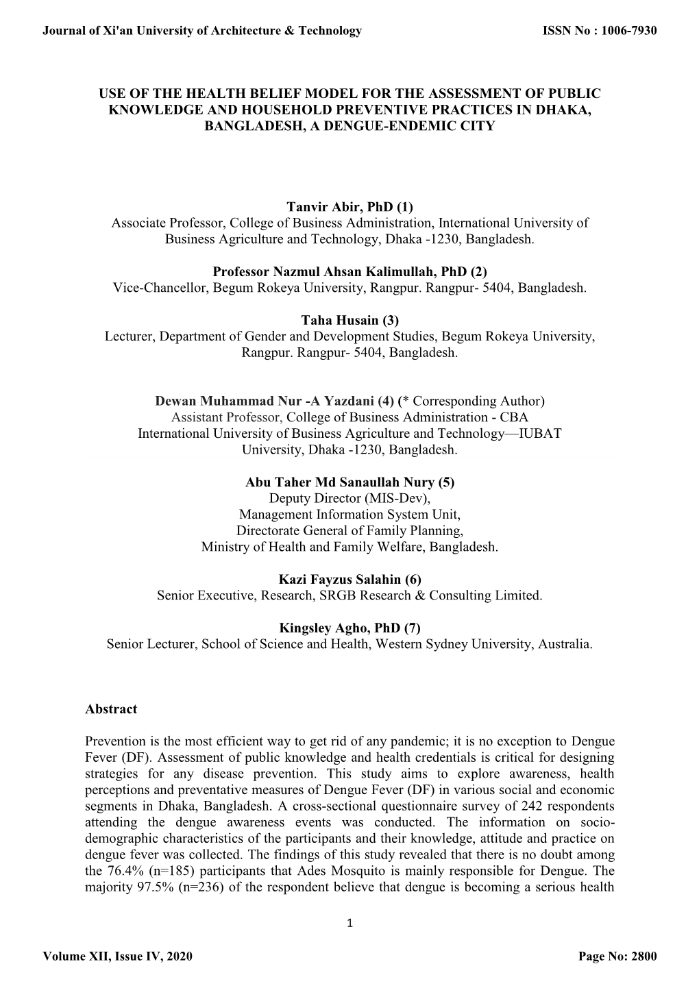 Use of the Health Belief Model for the Assessment of Public Knowledge and Household Preventive Practices in Dhaka, Bangladesh, a Dengue-Endemic City