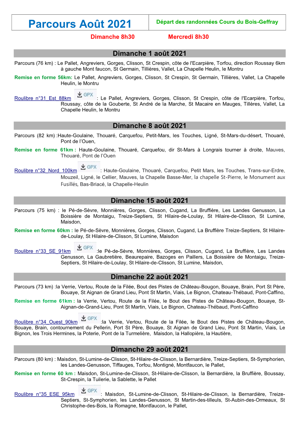 Parcours Août 2021 Départ Des Randonnées Cours Du Bois-Geffray Dimanche 8H30 Mercredi 8H30