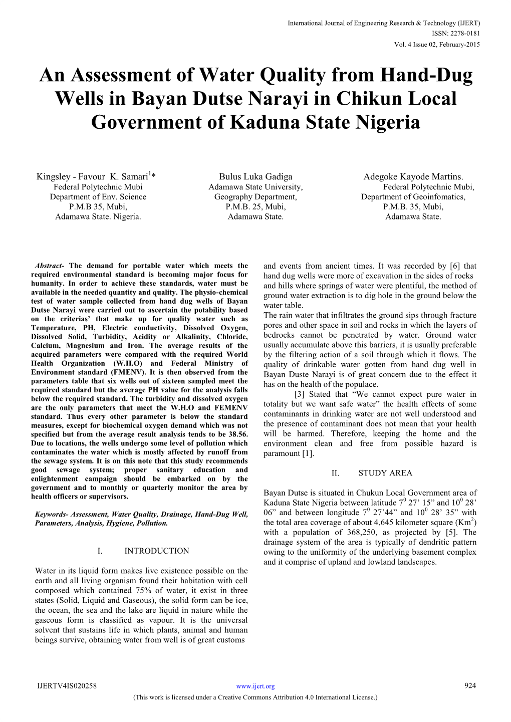 An Assessment of Water Quality from Hand-Dug Wells in Bayan Dutse Narayi in Chikun Local Government of Kaduna State Nigeria