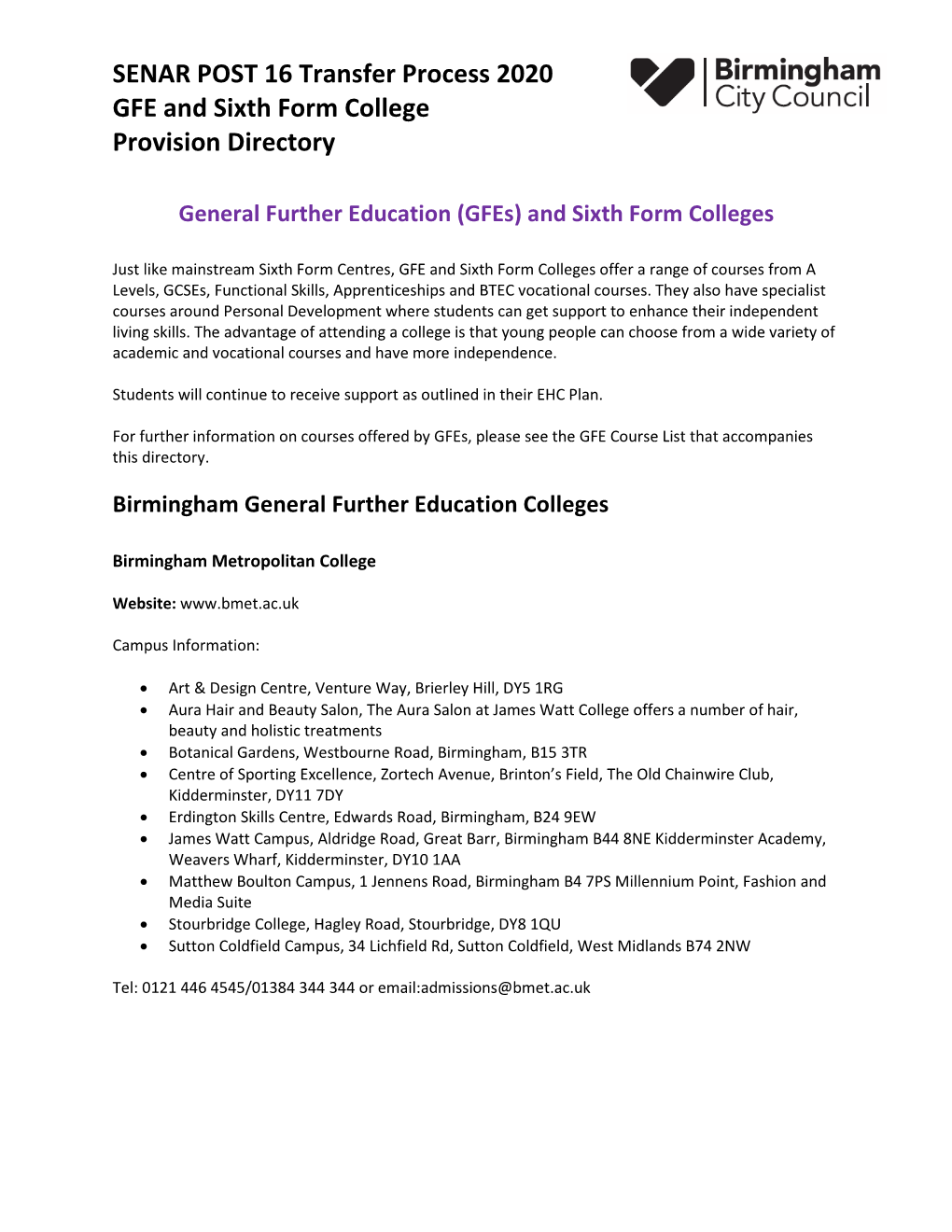 SENAR POST 16 Transfer Process 2020 GFE and Sixth Form College Provision Directory