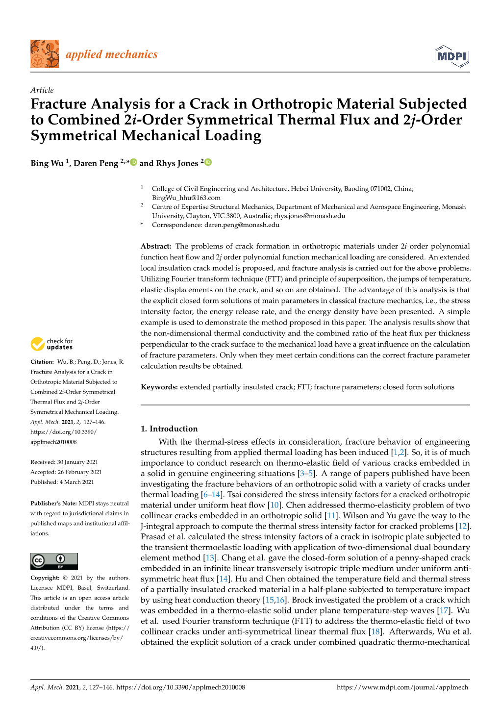 Fracture Analysis for a Crack in Orthotropic Material Subjected to Combined 2I-Order Symmetrical Thermal Flux and 2J-Order Symmetrical Mechanical Loading