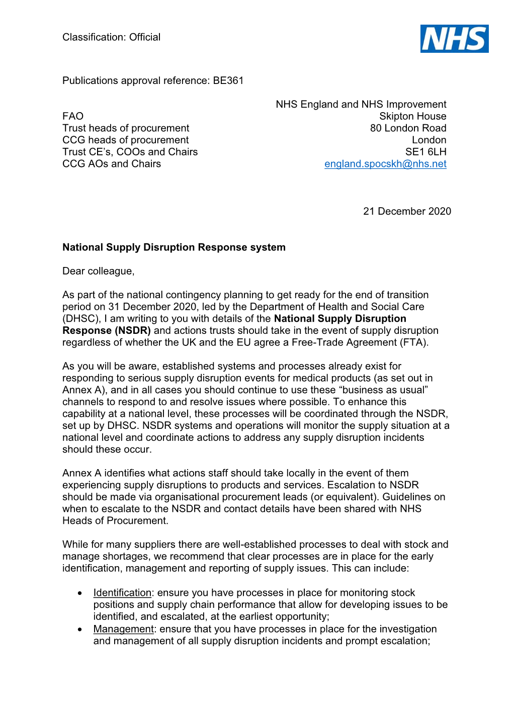 National Supply Disruption Response System