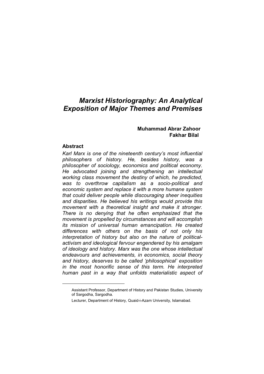 Marxist Historiography: an Analytical Exposition of Major Themes and Premises