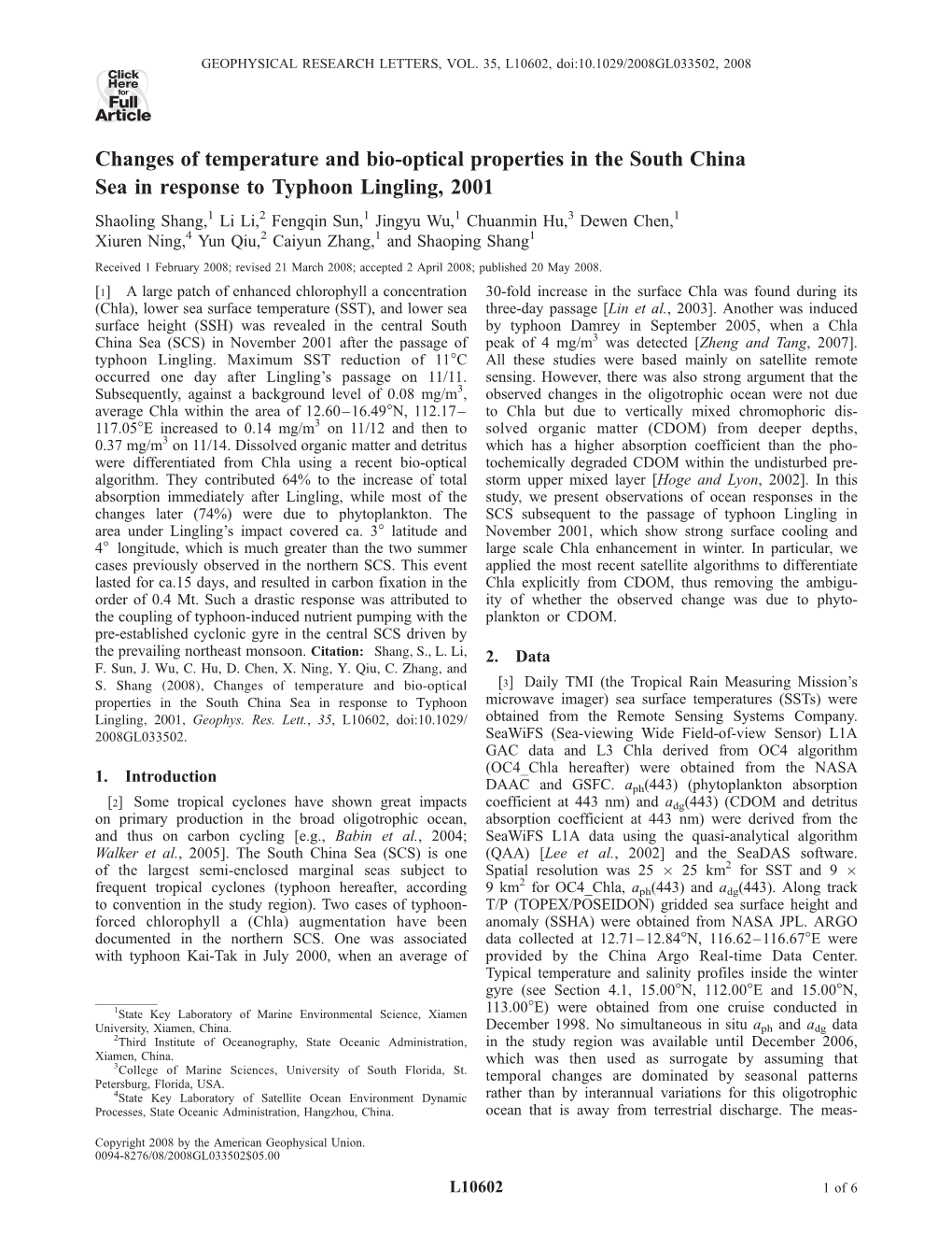 Changes of Temperature and Bio-Optical Properties in the South China Sea in Response to Typhoon Lingling, 2001