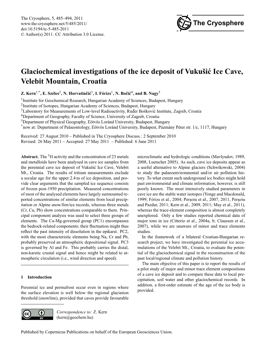 Glaciochemical Investigations of the Ice Deposit of Vukušic Ice Cave