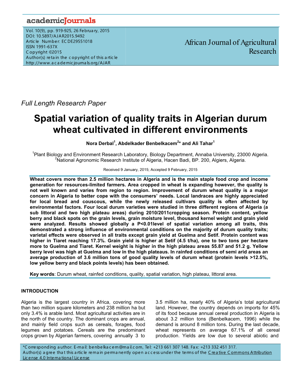 Spatial Variation of Quality Traits in Algerian Durum Wheat Cultivated in Different Environments