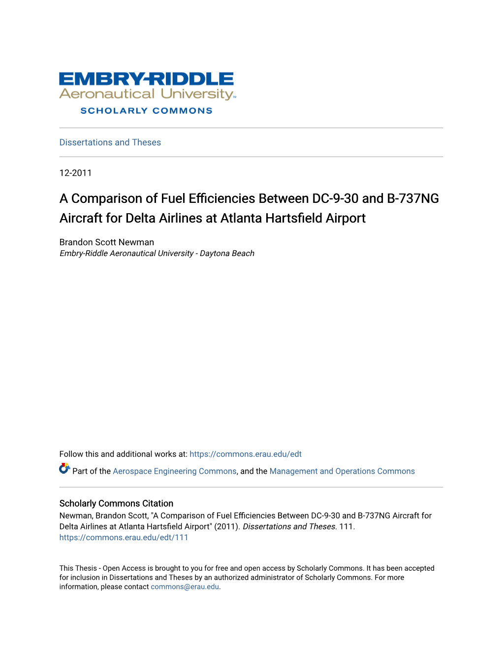 A Comparison of Fuel Efficiencies Between DC-9-30 and B-737NG Aircraft for Delta Airlines at Atlanta Hartsfield Airport