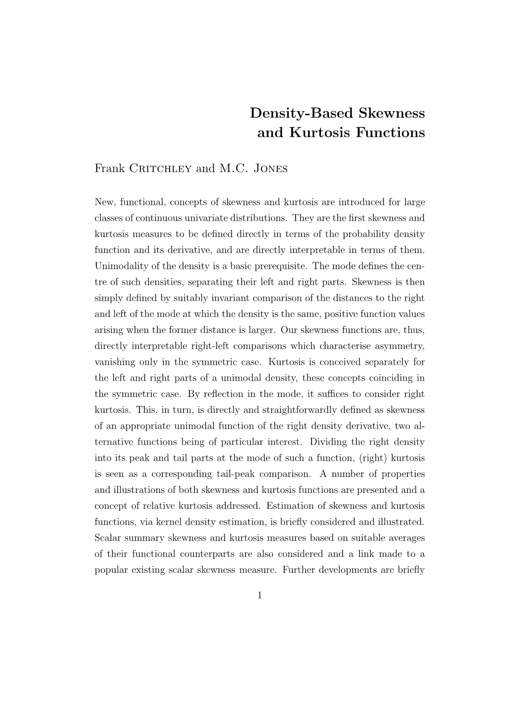 Density-Based Skewness and Kurtosis Functions