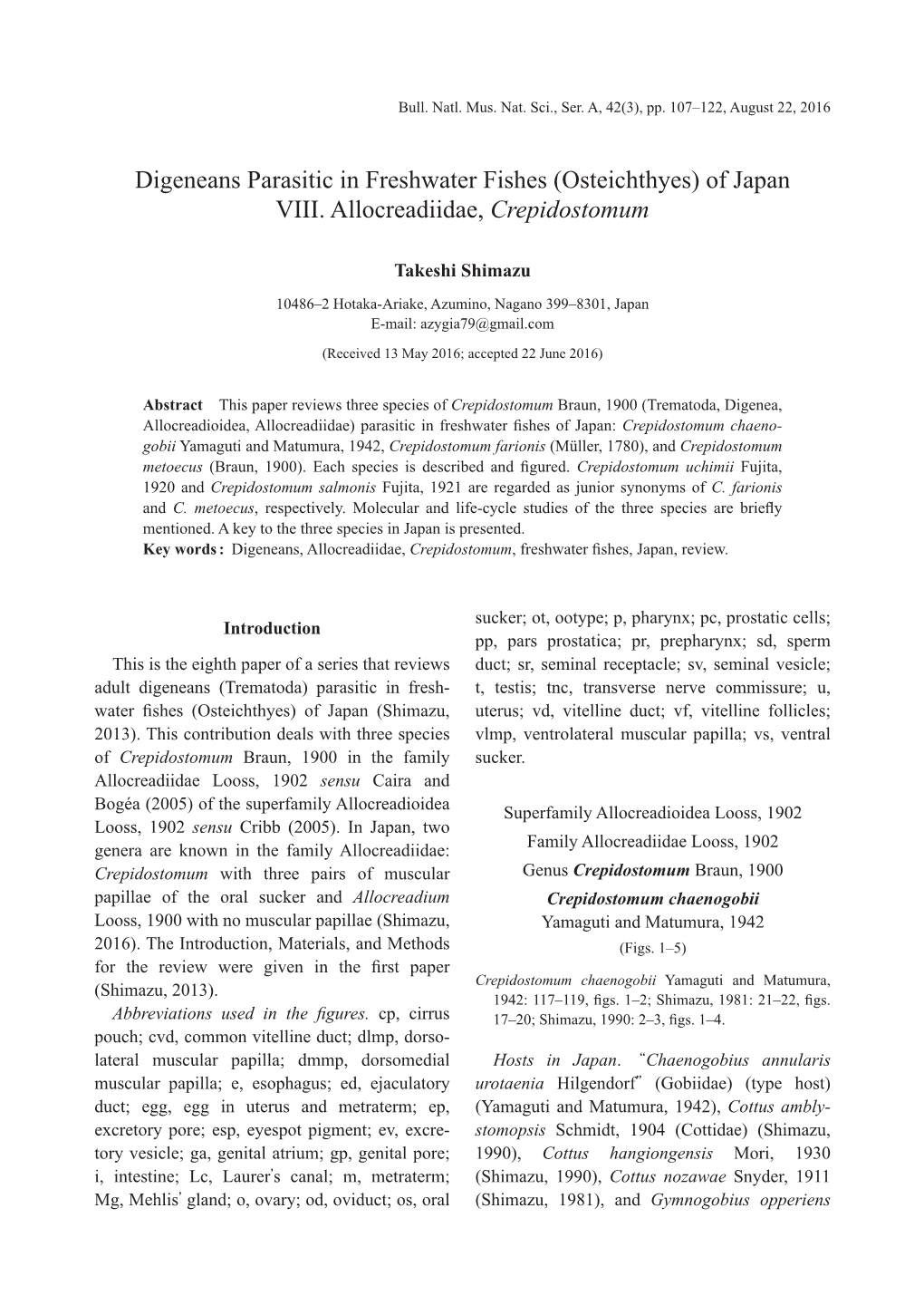 Digeneans Parasitic in Freshwater Fishes (Osteichthyes) of Japan VIII